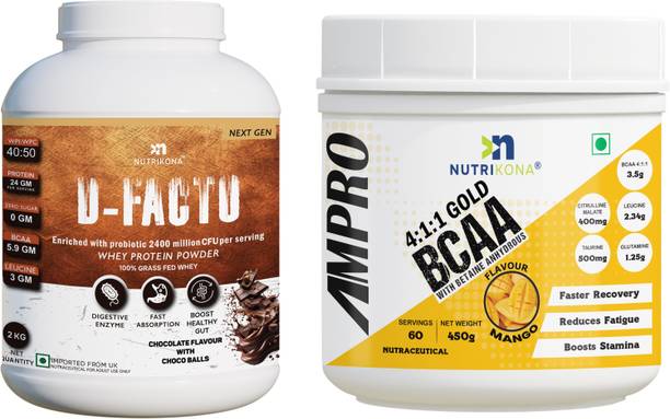 NUTRIKONA Whey Protein 2kg Chocolate with BCAA 4:1:1 450g Muscle Growth Combo Whey Protein