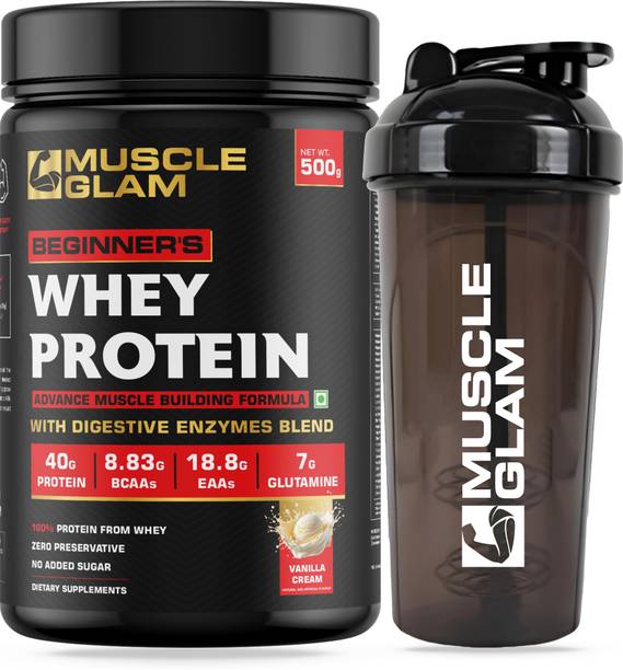 MUSCLEGLAM Beginner's Whey Protein with BCAA, EAA, & Digestive Enzymes with Protein Shaker Whey Protein