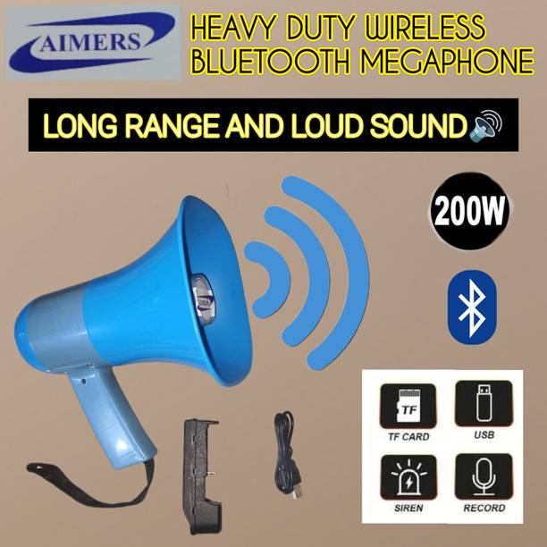 AIMERS LOng Range Megaphone Recorder, USB & Memory card input. Siren, Music (200 W) Wireless Bluetooth Megaphone for Announcement with Rechargeable Double Battery Indoor, Outdoor PA System