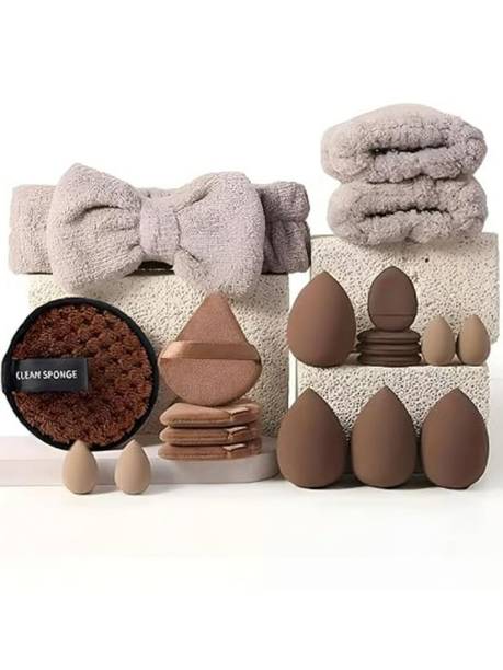 Cappuvini 20 Pcs Brown Makeup Sponge Set with Puff, Bow Headband & Clean Pad for Women"