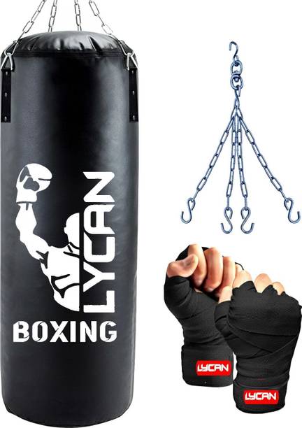 LYCAN 2Ft Unfilled Heavy Black Boxing Bag with Steel Chain & Hand wrap Hanging Bag