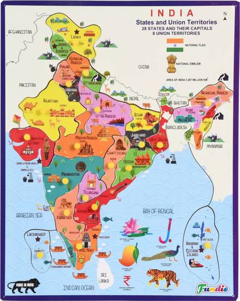 FUNDIO Wooden General Knowledge Map of India With Different States