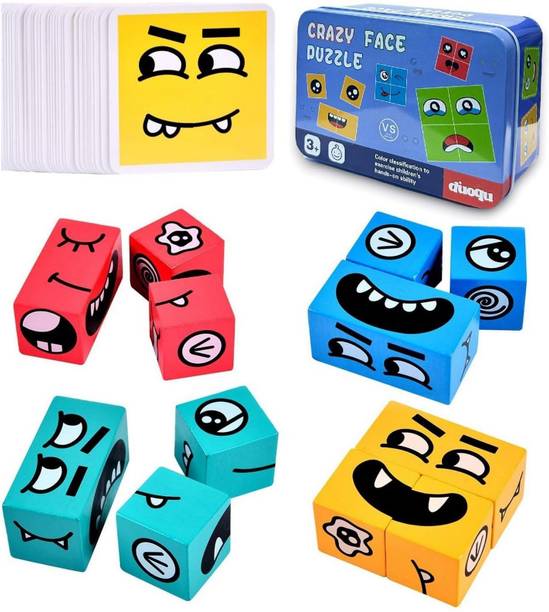Qexle Wooden Emoji Face Cube Matching Block Puzzle Game for Kids |16 Cubes 72 Cards|