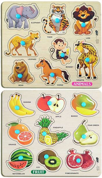 Enorme Mini Wooden Animals and Fruits Puzzle with Knobs Game For Kids