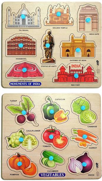 Enorme Mini Wooden Monuments and Vegetables Puzzle with Knobs Game For Kids