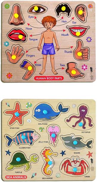 Enorme Mini Wooden Human Body Parts and Sea Animals Puzzle with Knobs Game For Kids