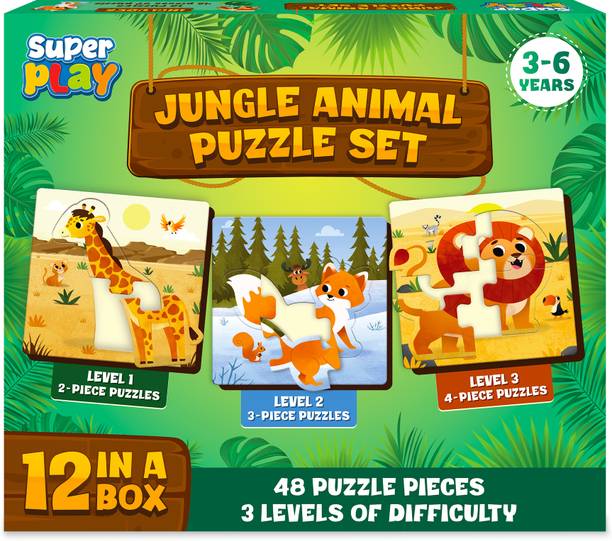 Superplay Jungle Animal Puzzle Set - 12 Puzzles with 48 Pieces, Step-by-Step Learning Toy