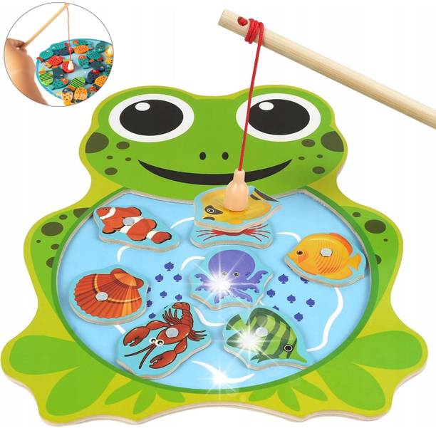HIGHSEAS Wooden Magnetic Fishing Catching Games Pole With Flog Shape Fish Sorting Toy