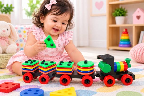 YOWOTO Geometric Shape Train withColourful Blocks for Kids Stacking, and sorting