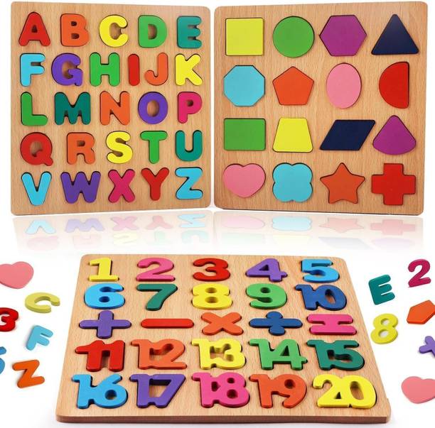 Vervita Kids Colorful Wooden Puzzle Set Featuring 3D Capital Alphabets, Numbers, Shapes