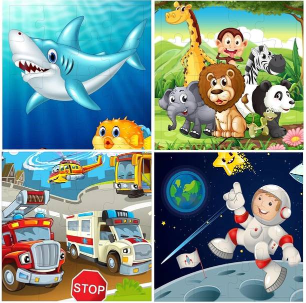 Fiddlys Wooden Jigsaw Puzzles for Kids Ages 3+ (Mix World Pack of 4)