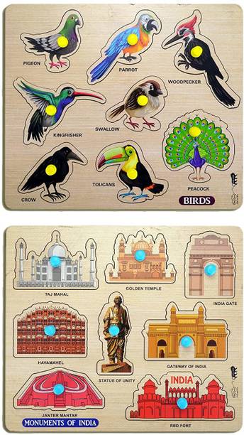 Enorme Mini Wooden Monuments and Birds Puzzle with Knobs Game For Kids