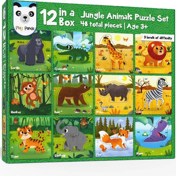 PLAY PANDA 12 in 1 Jungle Animal Puzzles - Preschool Educational Activity for Kids