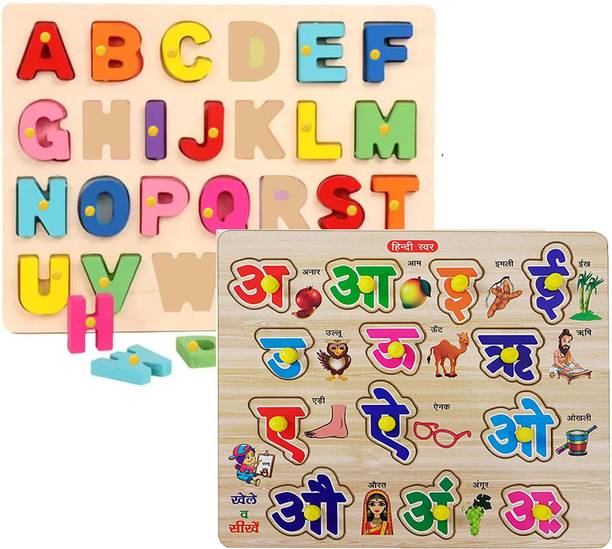 Plus Shine Combo ABCD Alphabets Matching Puzzle Board and Wooden Hindi Swar Puzzle Toy