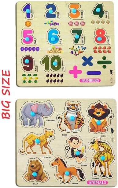 Enorme Big Wooden Numbers and Animals Puzzle with Knobs, Learning Game For Kids