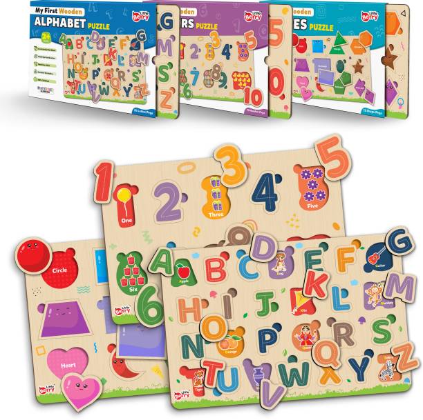 Little Berry Wooden Puzzle Board For Kids (Set of 3):ABC Number Shape- Wooden Toy Puzzle Tray