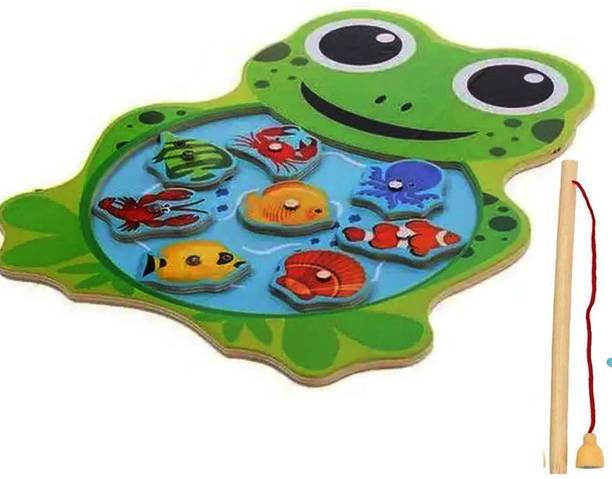 HIGHSEAS Wooden Magnetic Fishing Travel Table Toy Fish Catching Counting Board Tray
