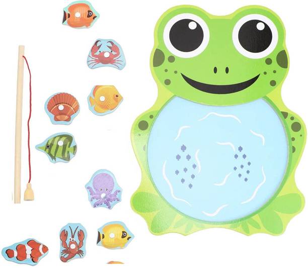 HIGHSEAS Wooden Fishing Jigsaw Green Frog Shape Puzzle Board Fish Catching Counting Board