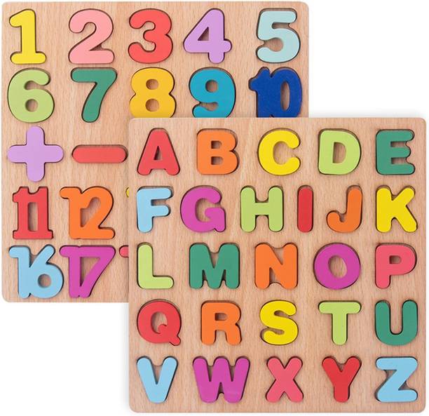 ZEQTOS Wooden 3D Capital Alphabets, Numbers, and Shapes Board Puzzle Toy for Kids