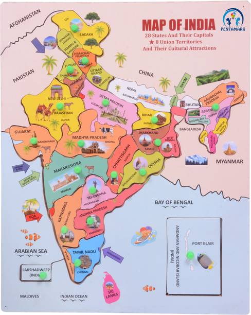 पेंटामार्क Wooden Kids India Map Puzzle Capital with State Learning Toy