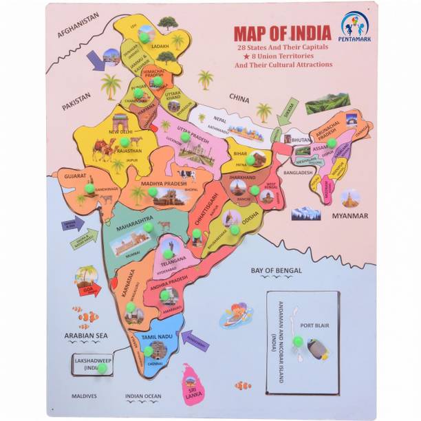 pentamark Wooden Kids India Map Puzzle Capital with State Learning Toy