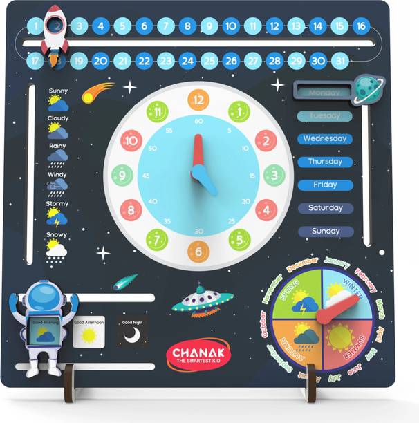 CHANAK Wooden Space Themed Learning Clock Educational Board for Preschoolers, Nursery