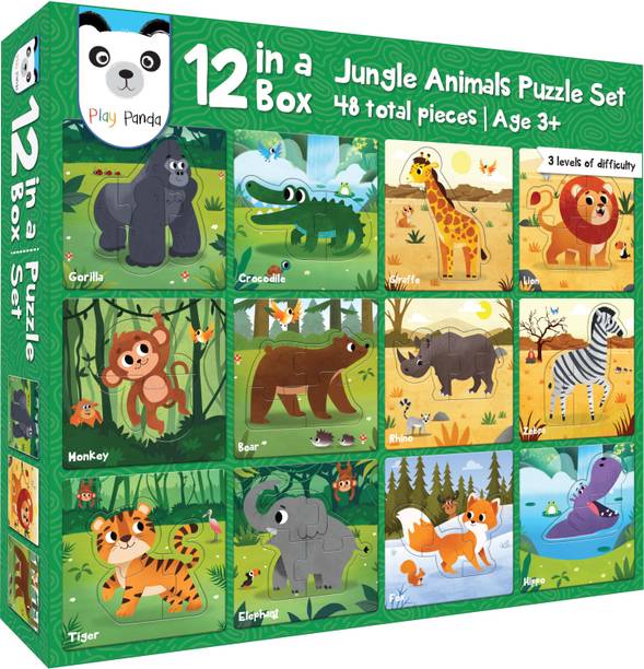 PLAY PANDA 12 in 1 Jungle Animal Puzzles - Preschool Educational Activity for Kids