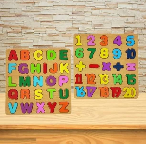 Zarqito Kids Wooden Number and Alphabet Puzzle for Preschool child Combo pack 2
