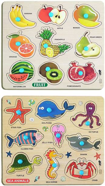 Enorme Mini Wooden Sea Animals and Fruits Puzzle with Knobs Game For Kids