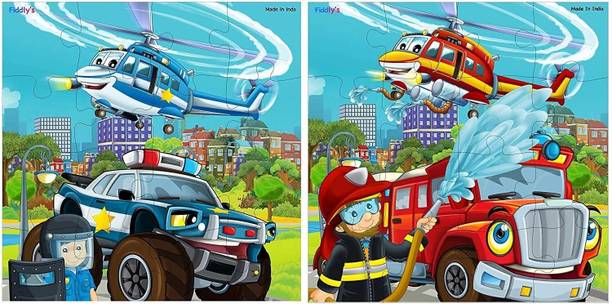 Fiddlys Fiddly's Wooden Jigsaw Floor Puzzle for Children (Paperless Puzzle) - 16 Pieces - (Pack of 2 - Fireman & Policeman)