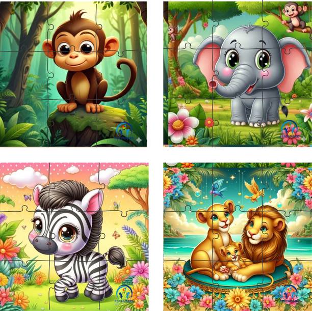 pentamark 4 IN 1 WILD ANIMALS WOODEN JIGSAW PUZZLE FOR KIDS, PRE SCHOOL LEARNING