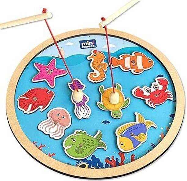 Minileaves Fishing Tray Wooden Round Magnetic Fishing Game for Kids for 2 +