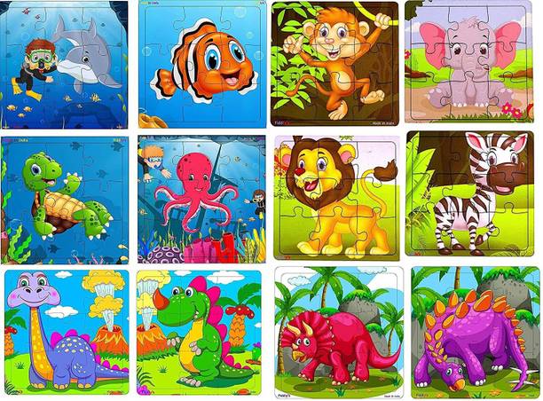Rage-X Wood Jigsaw Puzzles for Children - 9 Pieces (Pack of 12 - Animals+Dinos+Sea)