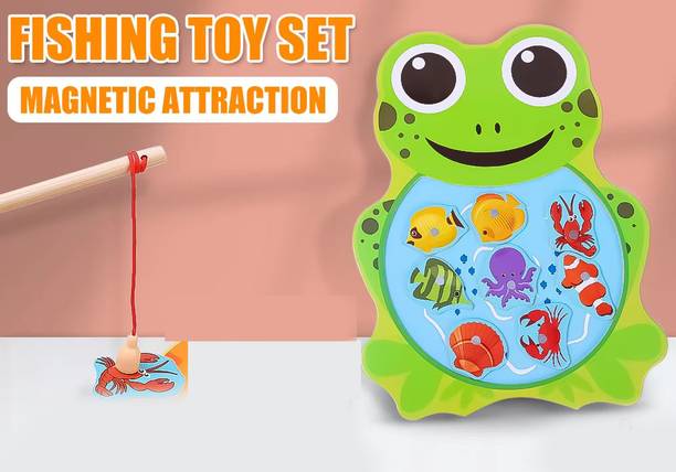 SHALAFI Preschool Wooden Fishing Toys Kids Cartoon Frog Magnetic Fish Rod Games