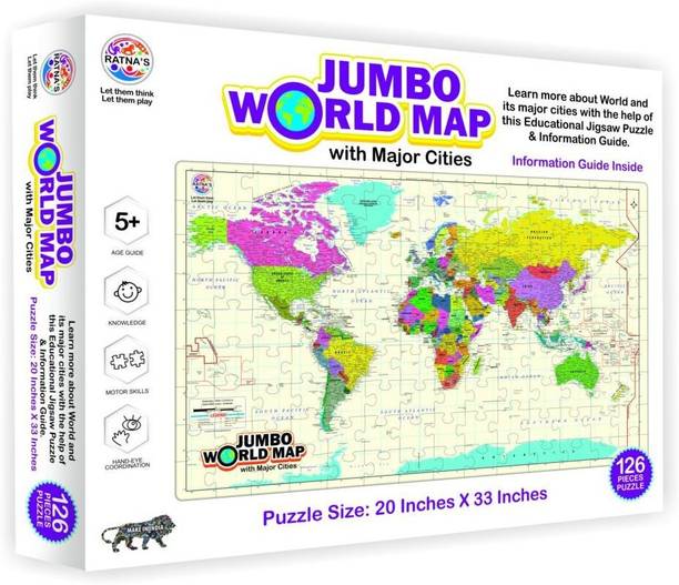 Ratnas EDUCATIONAL JUMBO WORLD MAP JIGSAW PUZZLE,126 PIECES, WITH A 12 PAGE INFORMATION GUIDE ABOUT THE WORLD