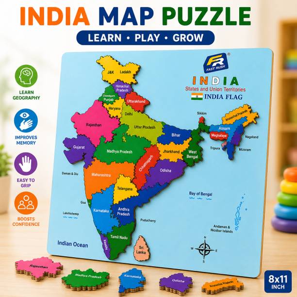 Fast Rush Wooden India Map Puzzle for Kids | India States Learning Board | 8x11 Inch