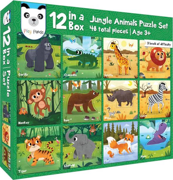 PLAY PANDA 12 in 1 Jungle Animal Puzzles - Preschool Educational Activity for Kids
