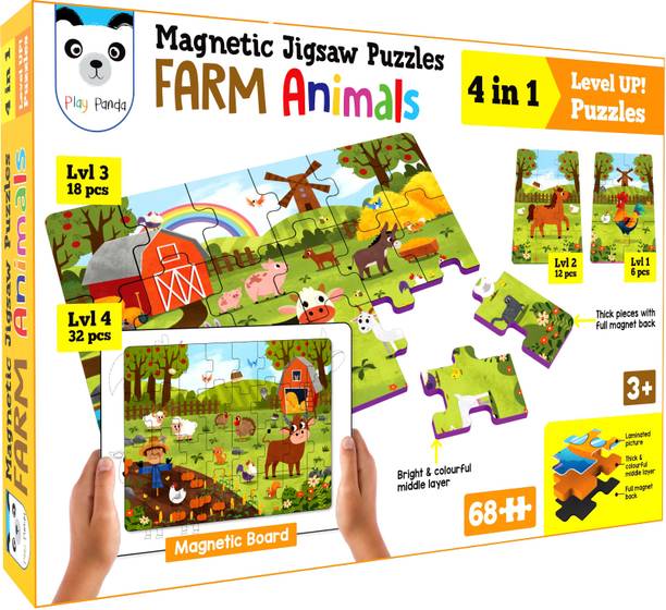 PLAY PANDA Magnetic Jigsaw Farm Animals Activity Box, 4 puzzles, GK Facts, Learn to draw