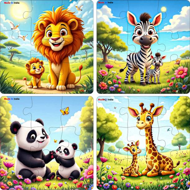 Fiddlys Wooden Jigsaw Puzzle Games for Kids -9 Pieces Age 3+ (Pack of 4 Wild Animal)
