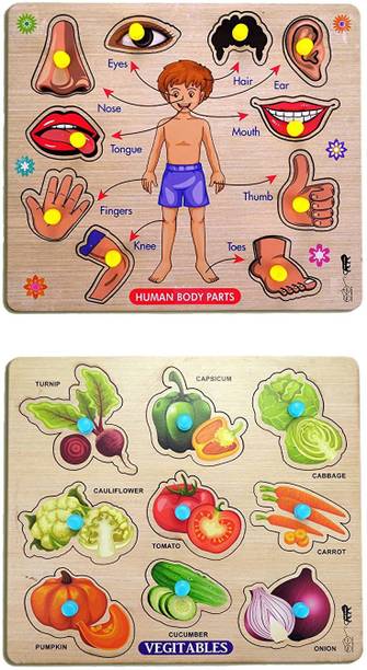 Enorme Mini Wooden Human Body Parts and Vegetables Puzzle with Knobs Game For Kids