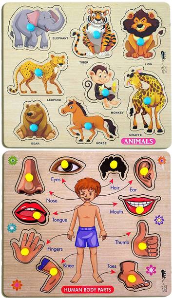 Enorme Mini Wooden Human Body Parts and Animals Puzzle with Knobs Game For Kids
