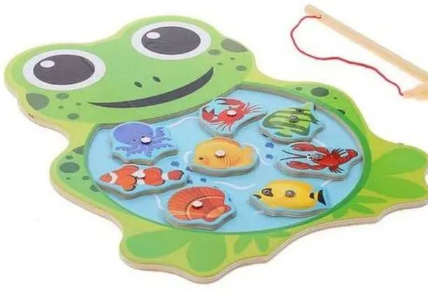 SHALAFI Cartoon Frog Magnetic Fish Rod Games Wooden Fishing Catching Shape Toys Kids