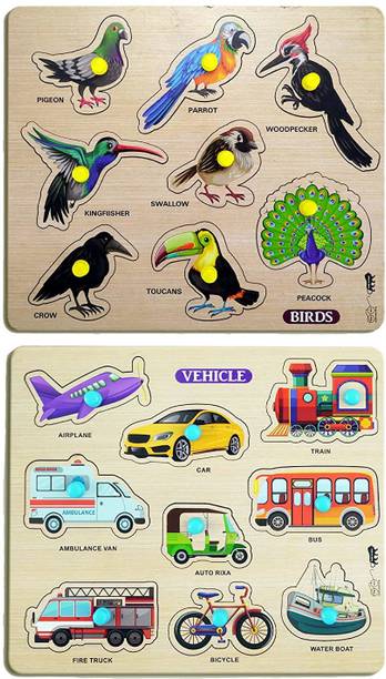Enorme Mini Wooden Vehicles and Birds Puzzle with Knobs Game For Kids