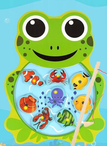 HIGHSEAS Fish Sorting Toy Wooden Magnetic Fishing Catching Games Pole With Flog Shape
