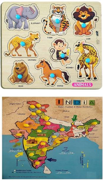 Enorme Big Wooden India Map and Animals Puzzle , Educational and Learning Game For Kids