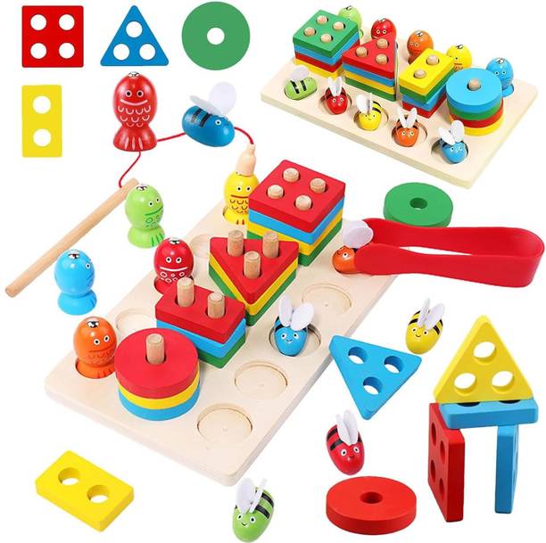KIDOLOGY Wooden Shape Sorting Puzzle Geometric Shapes & Color Stacking Toy For Kids
