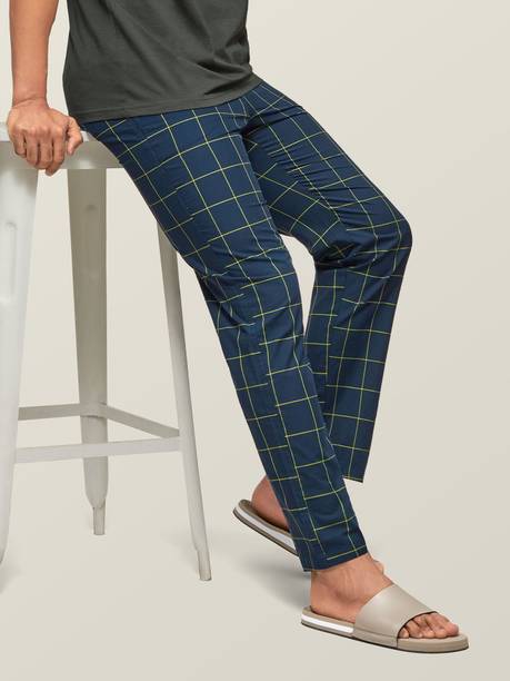 Intellieaze Combed Cotton Men Checkered Blue Track Pants