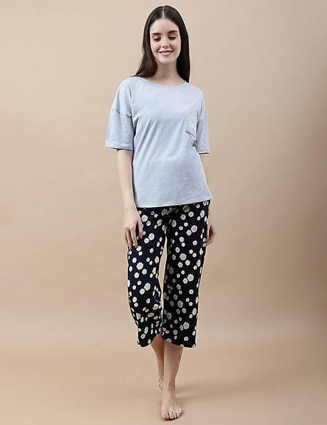 Women Top & Pyjama Set Blue Printed