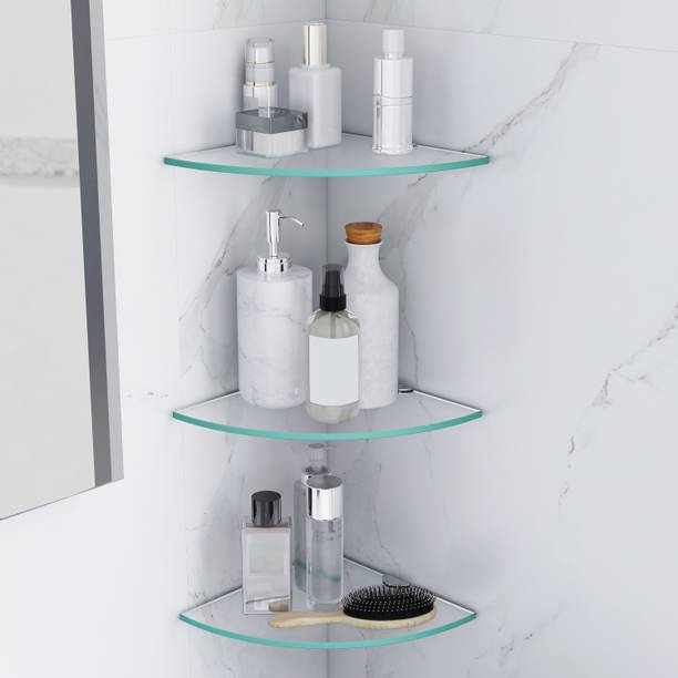 Plantex Transparent Glass Corner Shelf for Bathroom/Kitchen Shelf/Bathroom Accessories Glass Wall Shelf