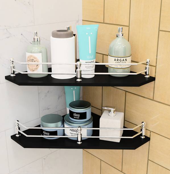 MOTIQO Diamond Black Glass Corner Shelf for Bathroom/Kitchen Shelf/Bathroom (9x9 Inch) Glass, Stainless Steel Wall Shelf